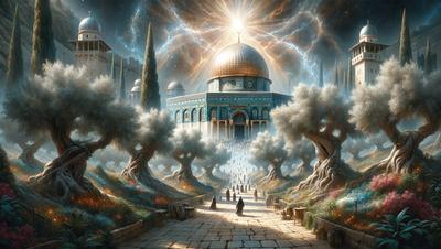 The primary subject of the image is a large, ornate building with a dome, which appears to be a mosque. The setting is a pathway leading to the mosque, surrounded by trees. The visual style is digital art, with a vibrant and colorful atmosphere. The colors and mood of the image are lively and inviting, creating a sense of wonder and spirituality.